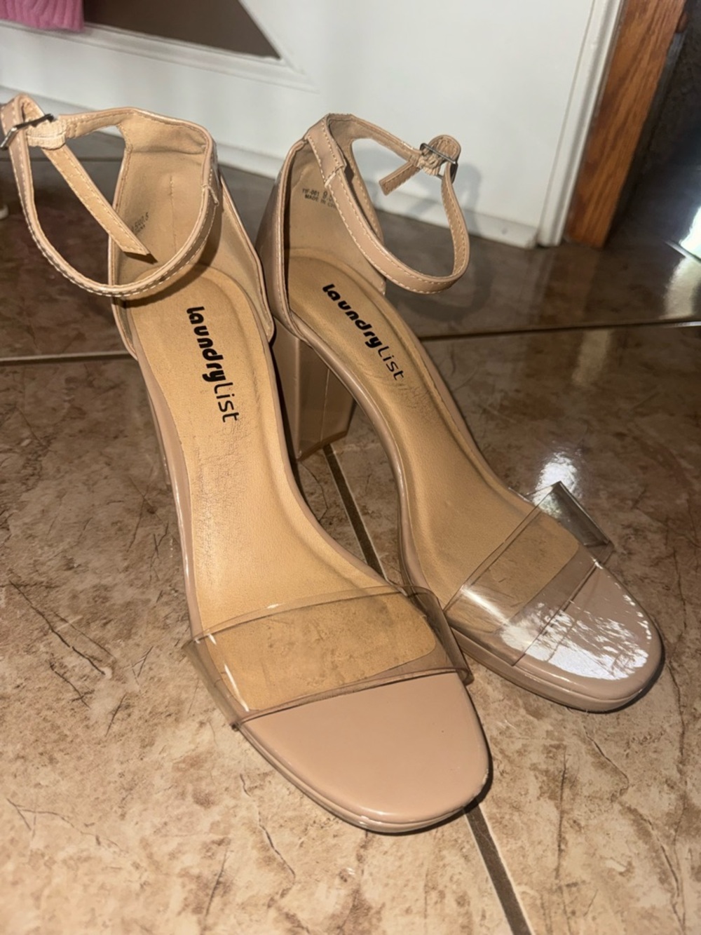 Laundry By Shelli Segal Beige Nude Block Heel Sandals with Clear Straps